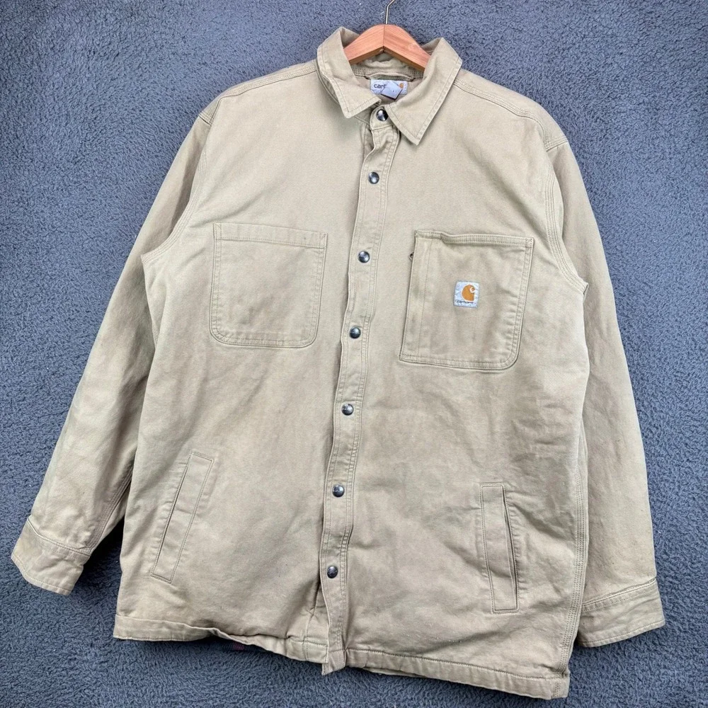 Carhartt Mens Tan‎ Duck Canvas Snap Front Shirt Jacket Large Tan L S121